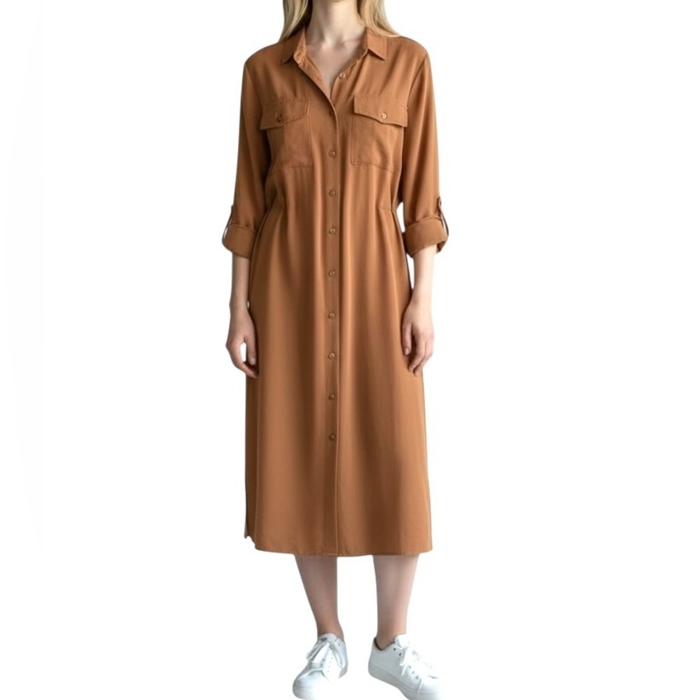 Kocca Shirt Dress Midi length Camel Tan Collared Lyocell Women’s L City Neutral